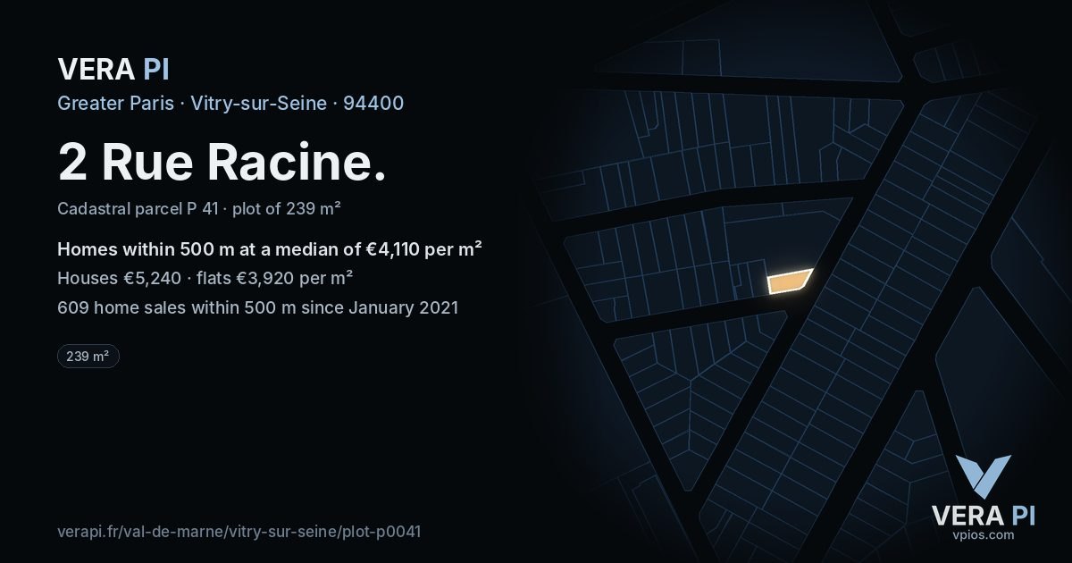 2 Rue Racine, Vitry-sur-Seine at night – the plot lit, the parcels around coloured by the prices near them