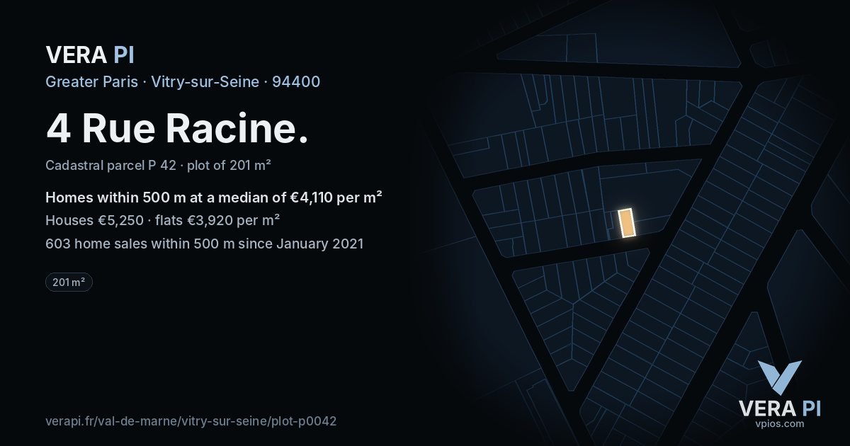 4 Rue Racine, Vitry-sur-Seine at night – the plot lit, the parcels around coloured by the prices near them