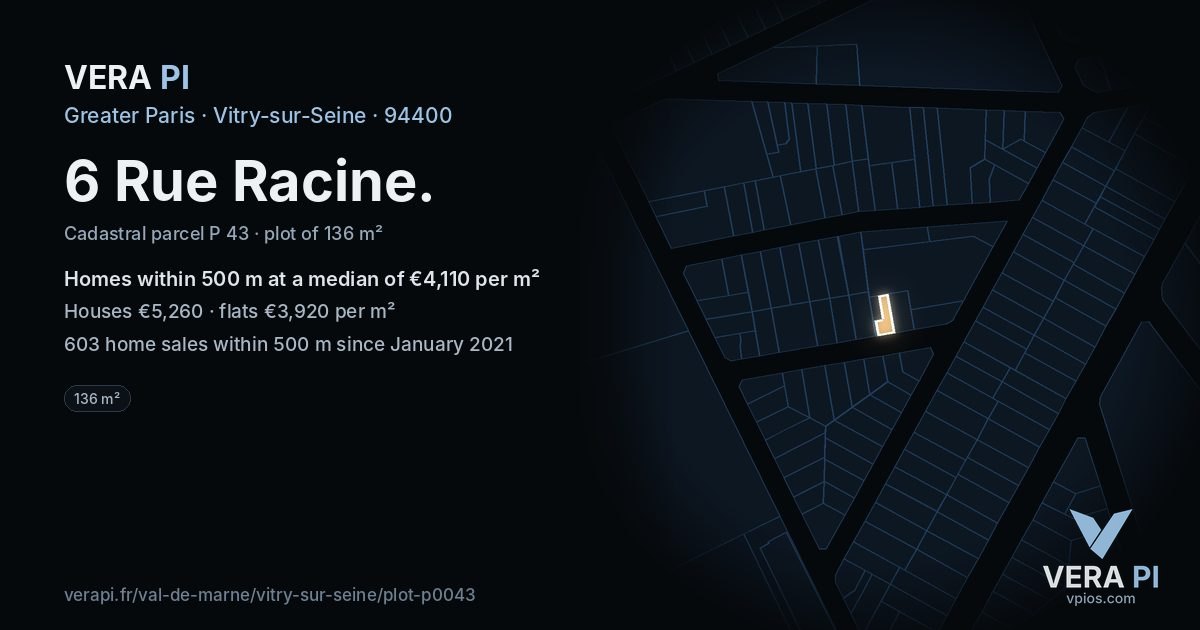 6 Rue Racine, Vitry-sur-Seine at night – the plot lit, the parcels around coloured by the prices near them