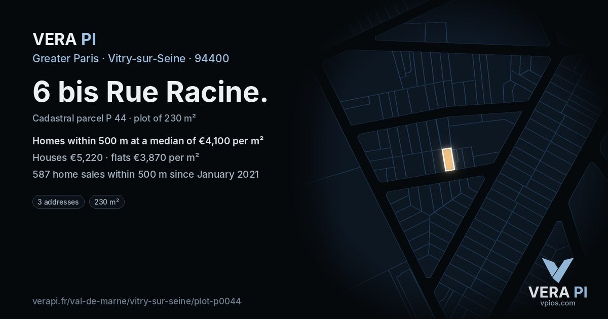 6 bis Rue Racine, Vitry-sur-Seine at night – the plot lit, the parcels around coloured by the prices near them