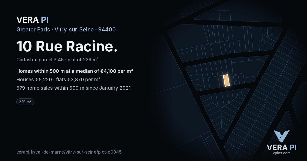 10 Rue Racine, Vitry-sur-Seine at night – the plot lit, the parcels around coloured by the prices near them