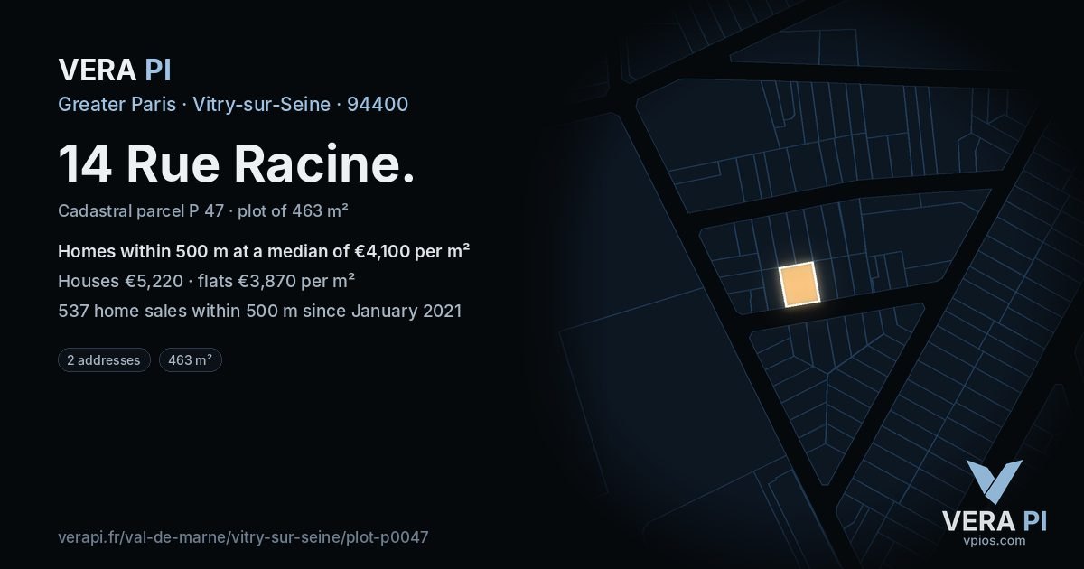 14 Rue Racine, Vitry-sur-Seine at night – the plot lit, the parcels around coloured by the prices near them