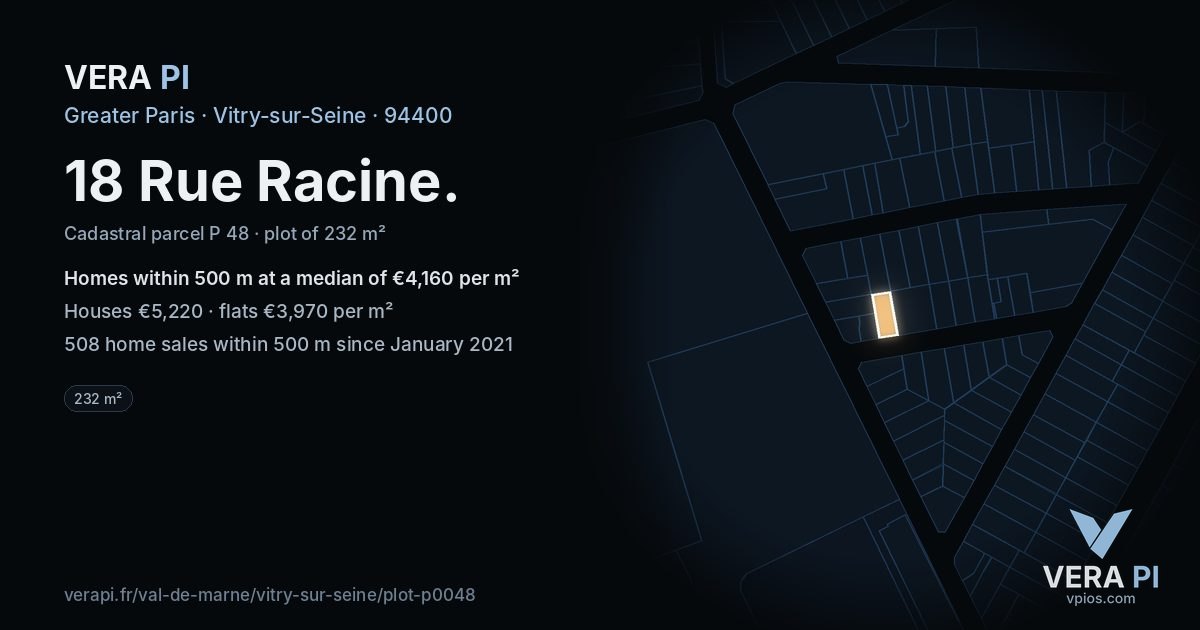 18 Rue Racine, Vitry-sur-Seine at night – the plot lit, the parcels around coloured by the prices near them