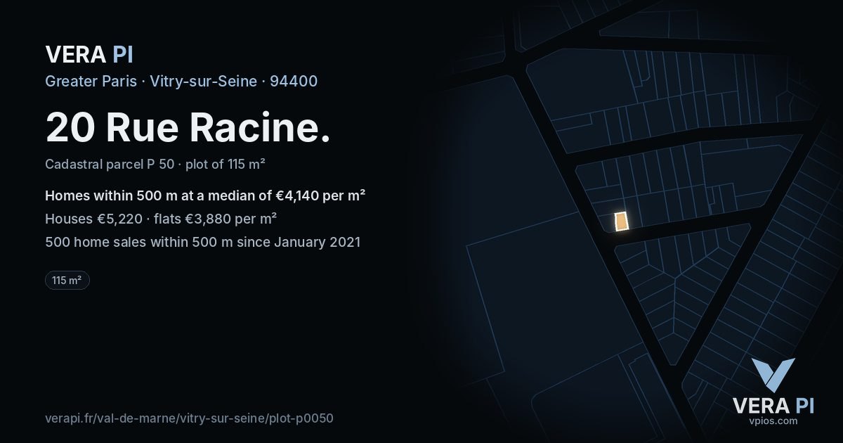 20 Rue Racine, Vitry-sur-Seine at night – the plot lit, the parcels around coloured by the prices near them