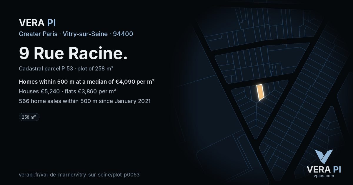 9 Rue Racine, Vitry-sur-Seine at night – the plot lit, the parcels around coloured by the prices near them
