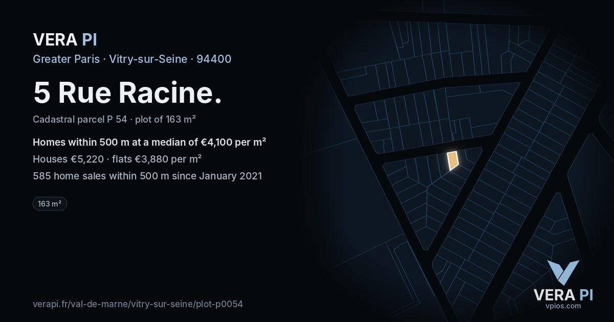 5 Rue Racine, Vitry-sur-Seine at night – the plot lit, the parcels around coloured by the prices near them