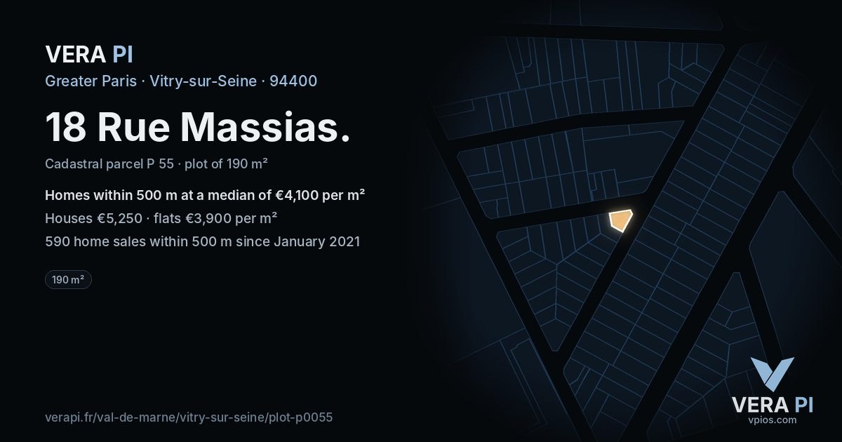 18 Rue Massias, Vitry-sur-Seine at night – the plot lit, the parcels around coloured by the prices near them