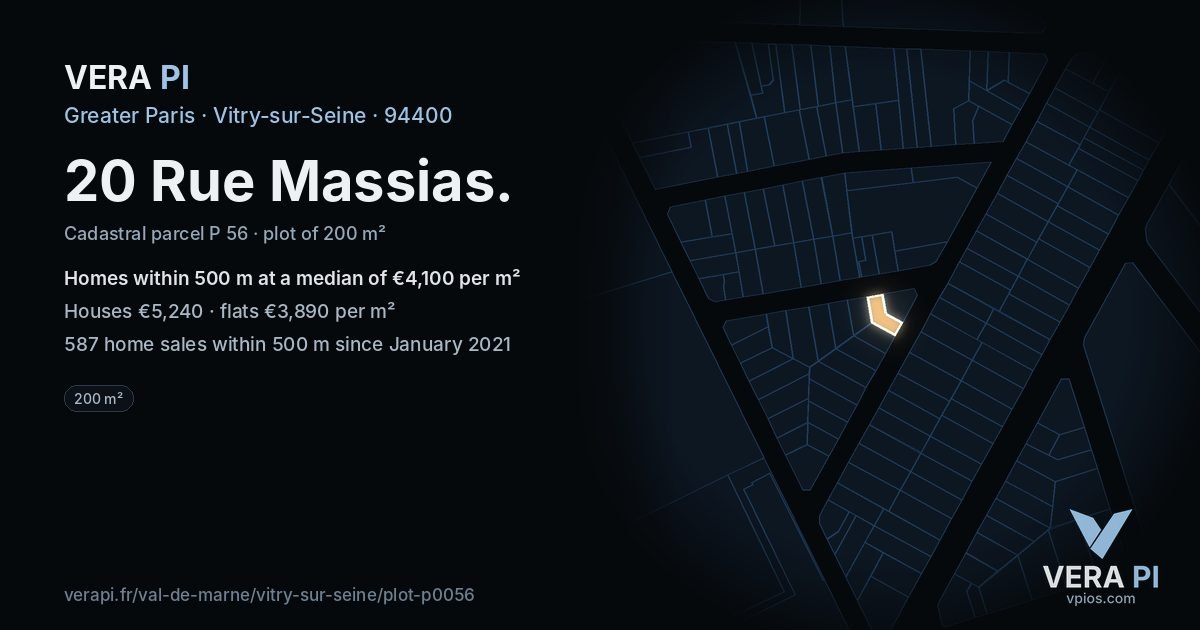 20 Rue Massias, Vitry-sur-Seine at night – the plot lit, the parcels around coloured by the prices near them