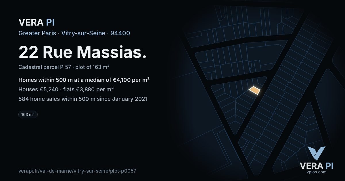 22 Rue Massias, Vitry-sur-Seine at night – the plot lit, the parcels around coloured by the prices near them