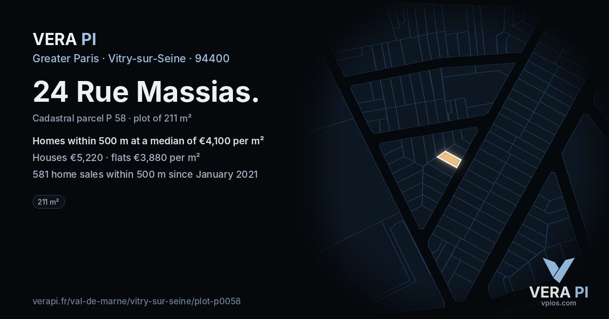 24 Rue Massias, Vitry-sur-Seine at night – the plot lit, the parcels around coloured by the prices near them