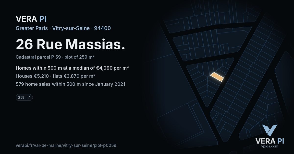 26 Rue Massias, Vitry-sur-Seine at night – the plot lit, the parcels around coloured by the prices near them