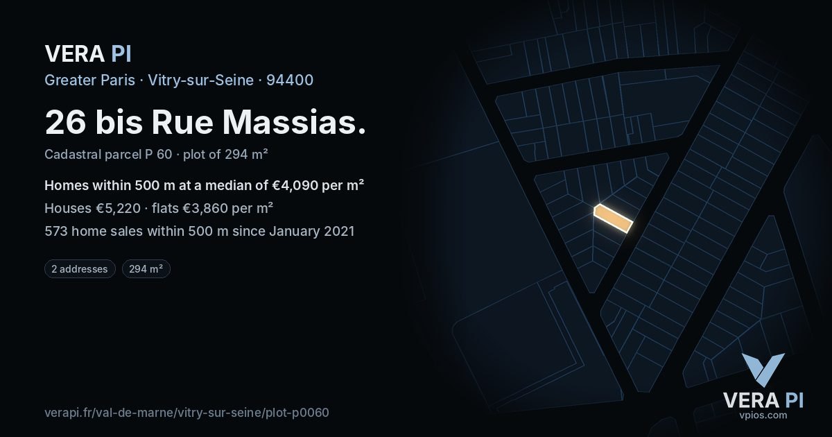 26 bis Rue Massias, Vitry-sur-Seine at night – the plot lit, the parcels around coloured by the prices near them