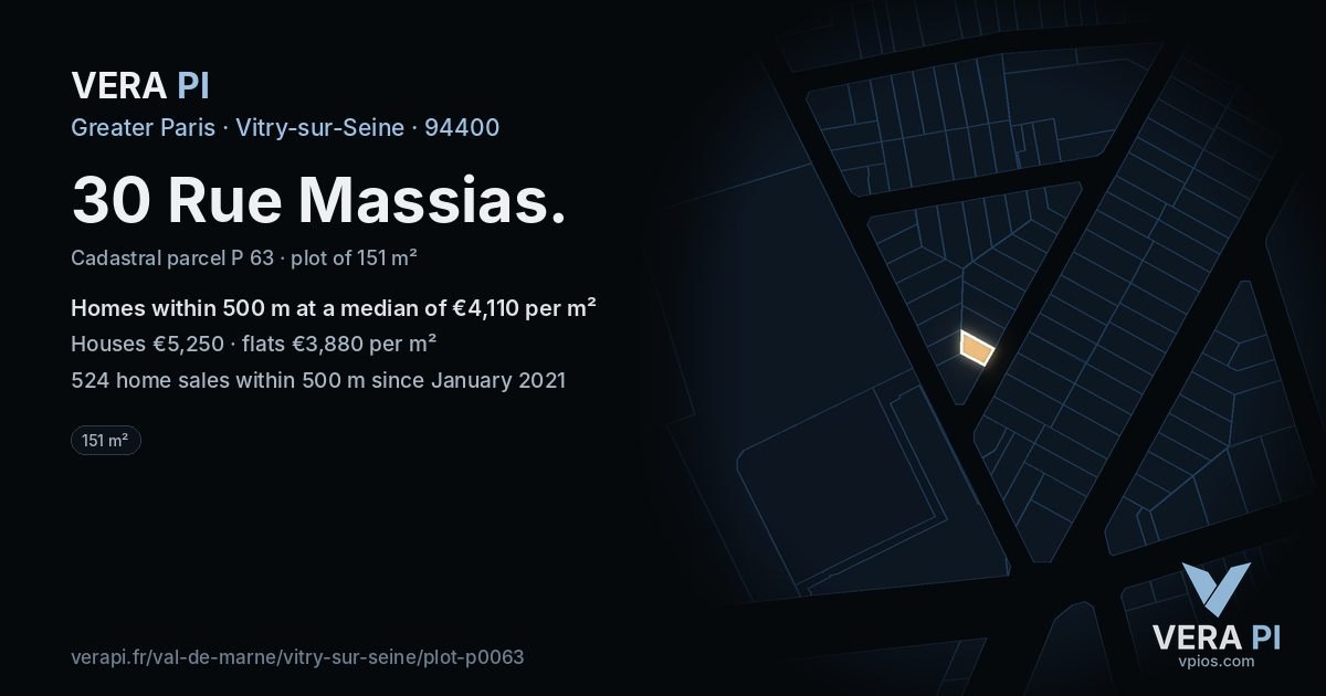 30 Rue Massias, Vitry-sur-Seine at night – the plot lit, the parcels around coloured by the prices near them