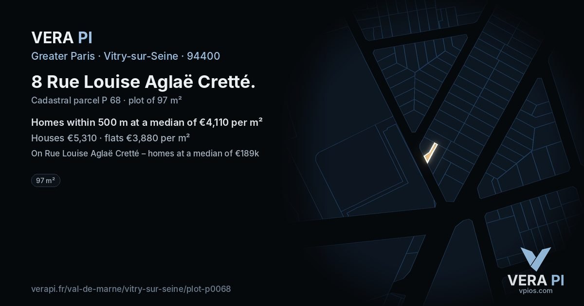 8 Rue Louise Aglaë Cretté, Vitry-sur-Seine at night – the plot lit, the parcels around coloured by the prices near them