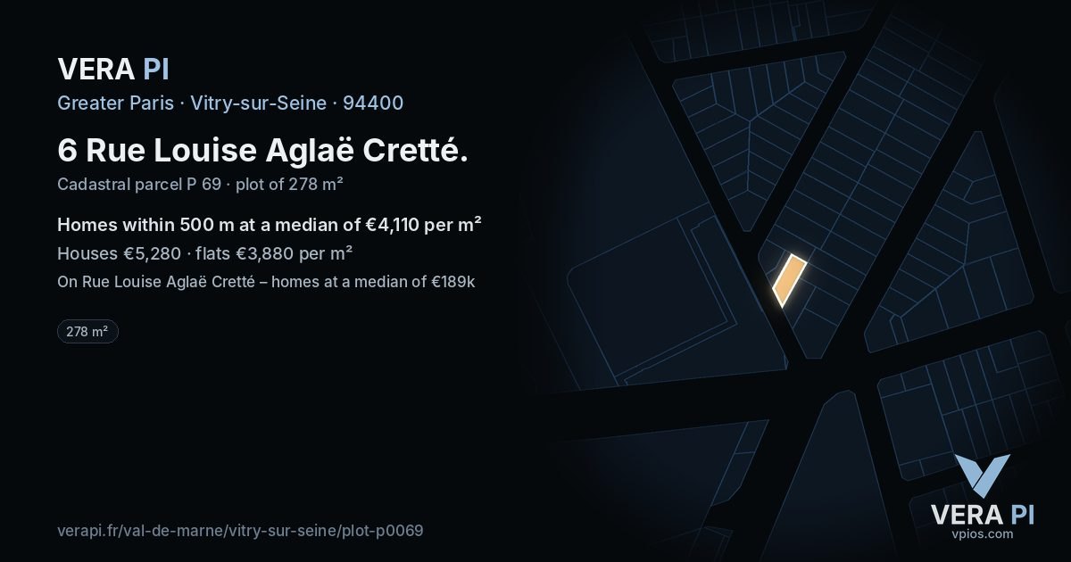 6 Rue Louise Aglaë Cretté, Vitry-sur-Seine at night – the plot lit, the parcels around coloured by the prices near them