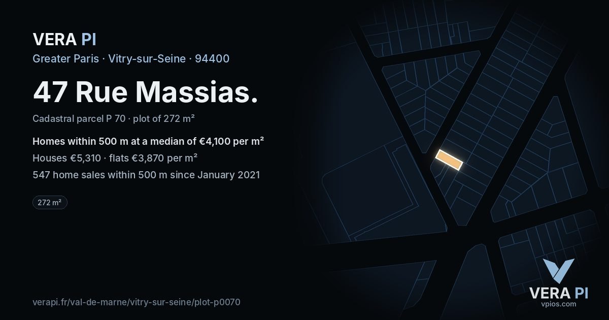47 Rue Massias, Vitry-sur-Seine at night – the plot lit, the parcels around coloured by the prices near them