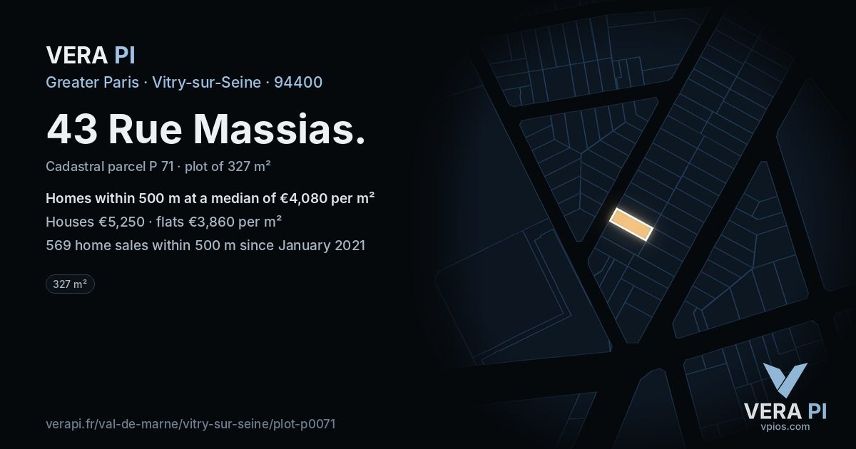 43 Rue Massias, Vitry-sur-Seine at night – the plot lit, the parcels around coloured by the prices near them
