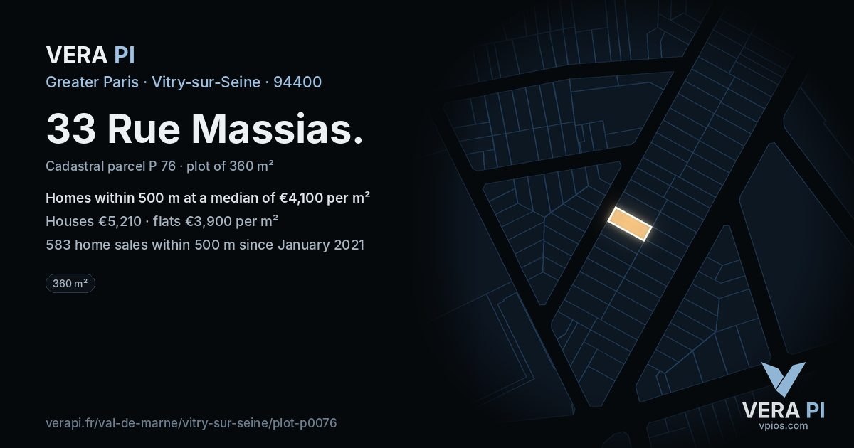 33 Rue Massias, Vitry-sur-Seine at night – the plot lit, the parcels around coloured by the prices near them