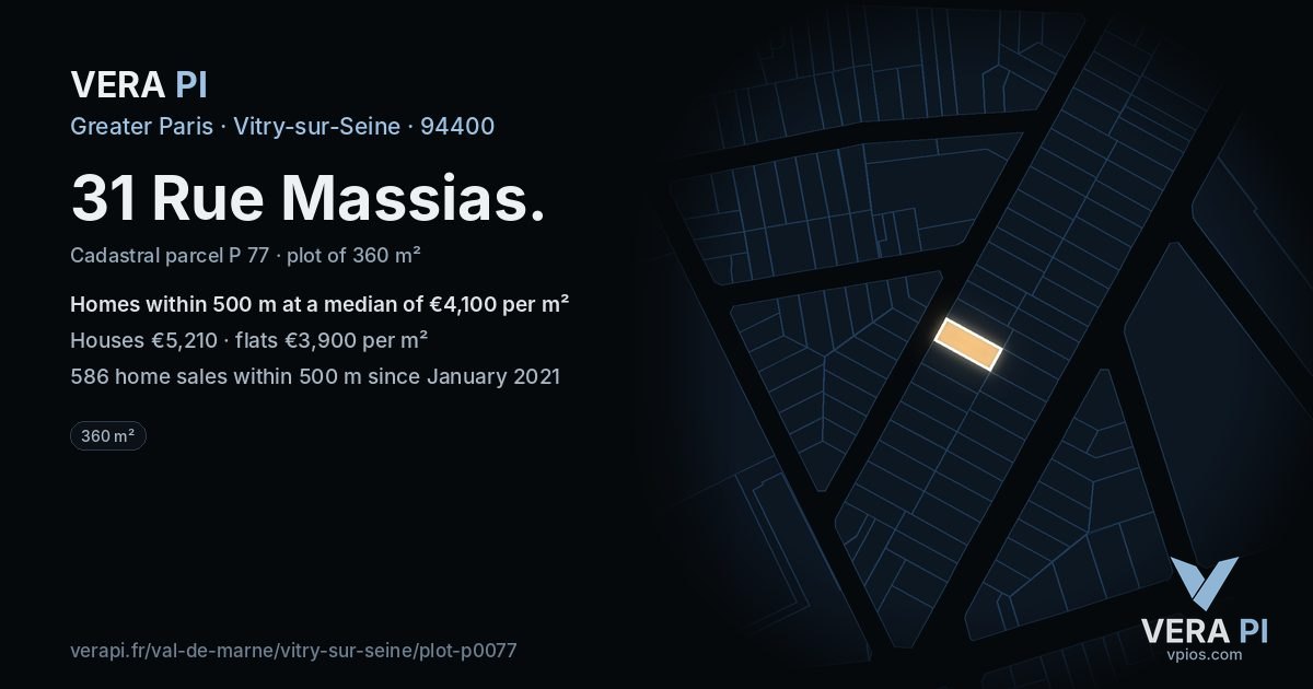 31 Rue Massias, Vitry-sur-Seine at night – the plot lit, the parcels around coloured by the prices near them