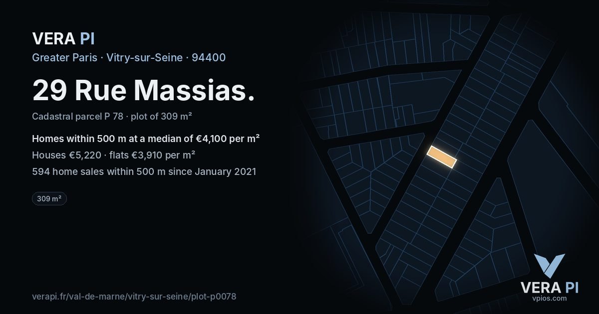29 Rue Massias, Vitry-sur-Seine at night – the plot lit, the parcels around coloured by the prices near them