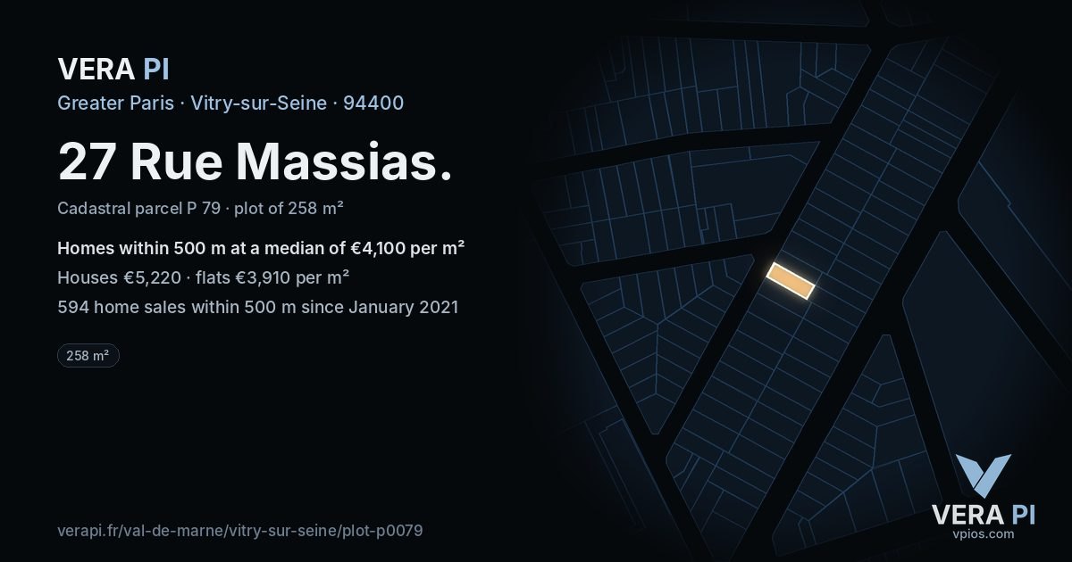 27 Rue Massias, Vitry-sur-Seine at night – the plot lit, the parcels around coloured by the prices near them