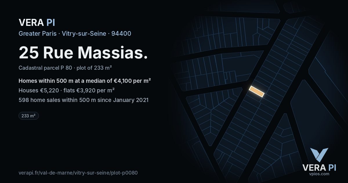 25 Rue Massias, Vitry-sur-Seine at night – the plot lit, the parcels around coloured by the prices near them
