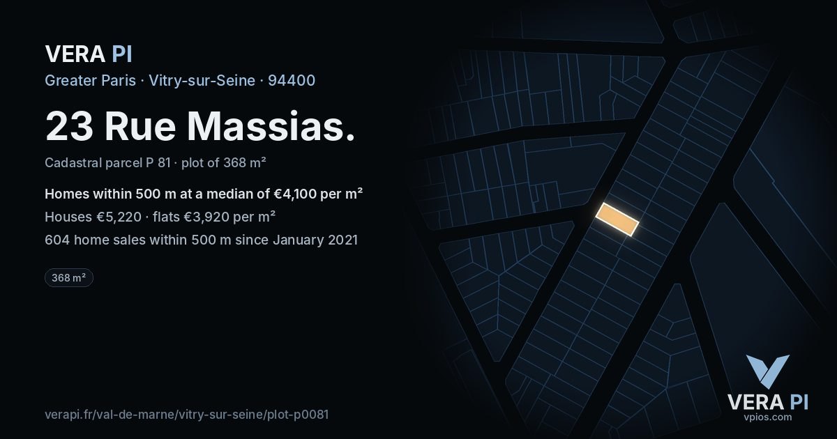 23 Rue Massias, Vitry-sur-Seine at night – the plot lit, the parcels around coloured by the prices near them