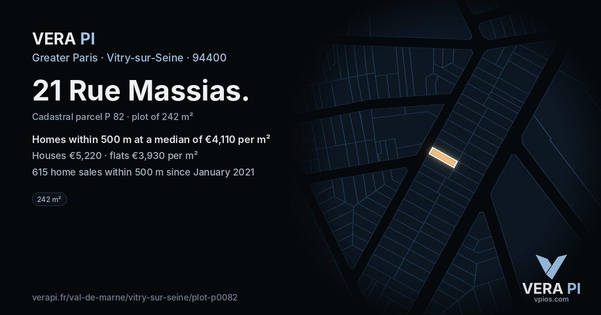 21 Rue Massias, Vitry-sur-Seine at night – the plot lit, the parcels around coloured by the prices near them
