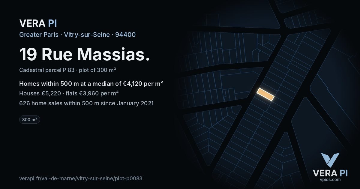 19 Rue Massias, Vitry-sur-Seine at night – the plot lit, the parcels around coloured by the prices near them