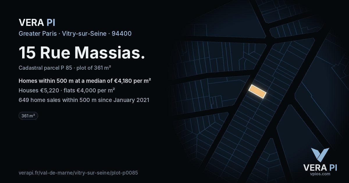 15 Rue Massias, Vitry-sur-Seine at night – the plot lit, the parcels around coloured by the prices near them