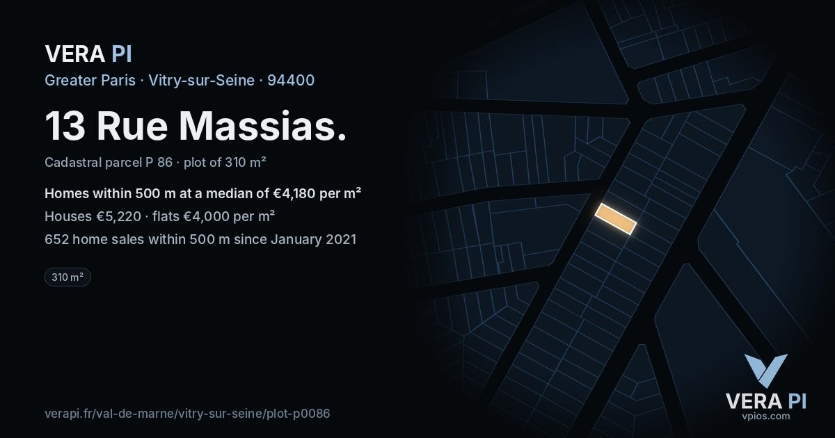 13 Rue Massias, Vitry-sur-Seine at night – the plot lit, the parcels around coloured by the prices near them