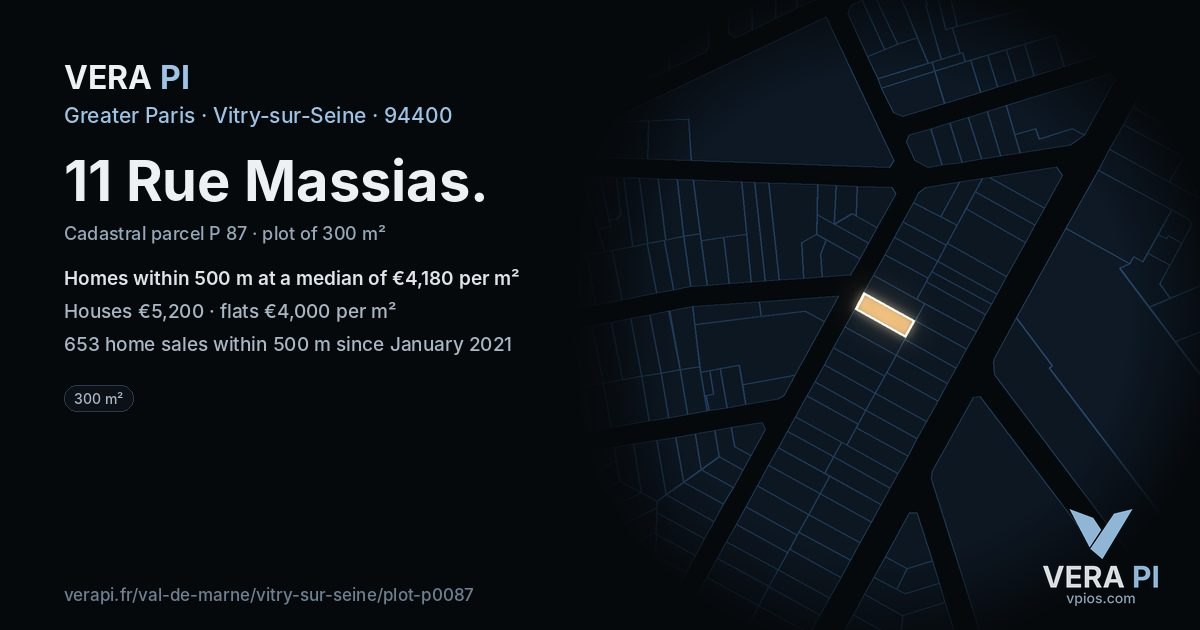 11 Rue Massias, Vitry-sur-Seine at night – the plot lit, the parcels around coloured by the prices near them