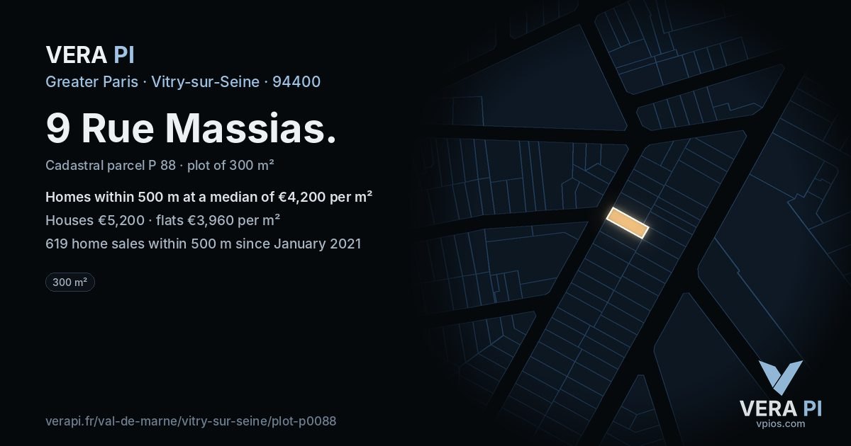 9 Rue Massias, Vitry-sur-Seine at night – the plot lit, the parcels around coloured by the prices near them