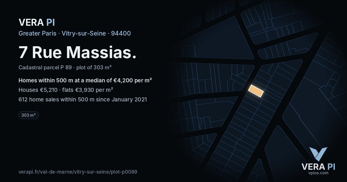 7 Rue Massias, Vitry-sur-Seine at night – the plot lit, the parcels around coloured by the prices near them