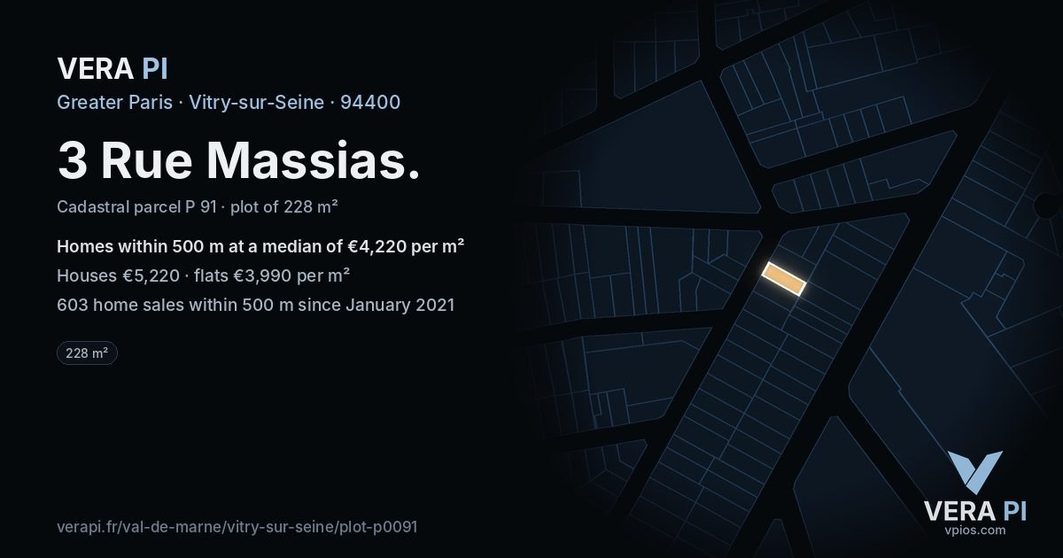 3 Rue Massias, Vitry-sur-Seine at night – the plot lit, the parcels around coloured by the prices near them