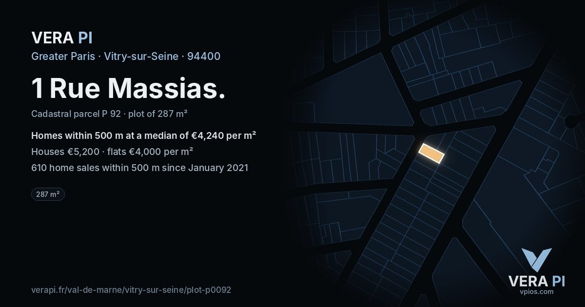 1 Rue Massias, Vitry-sur-Seine at night – the plot lit, the parcels around coloured by the prices near them