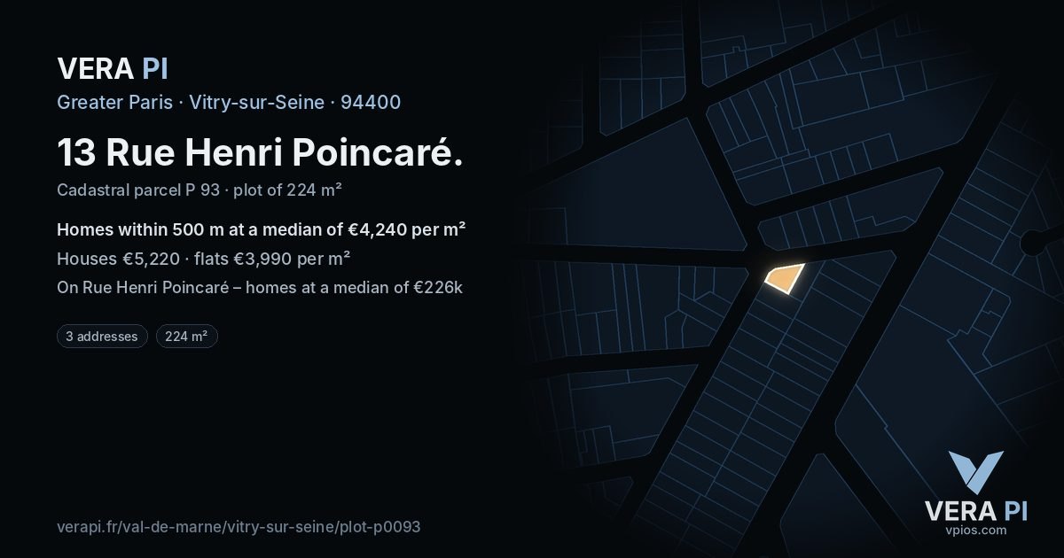 13 Rue Henri Poincaré, Vitry-sur-Seine at night – the plot lit, the parcels around coloured by the prices near them