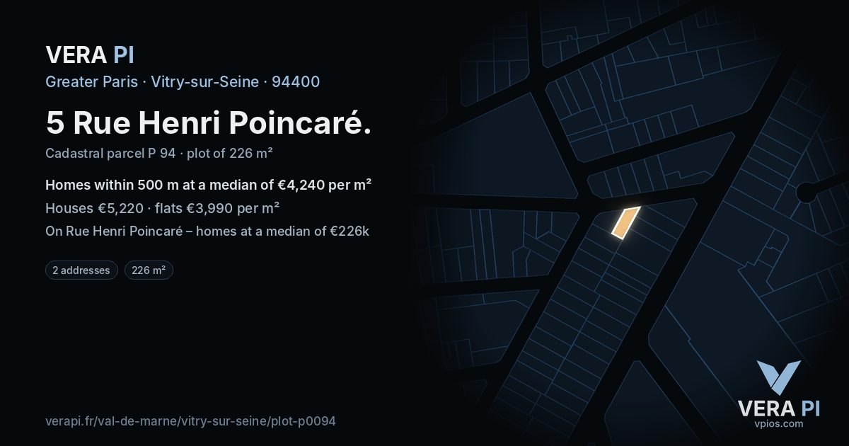 5 Rue Henri Poincaré, Vitry-sur-Seine at night – the plot lit, the parcels around coloured by the prices near them