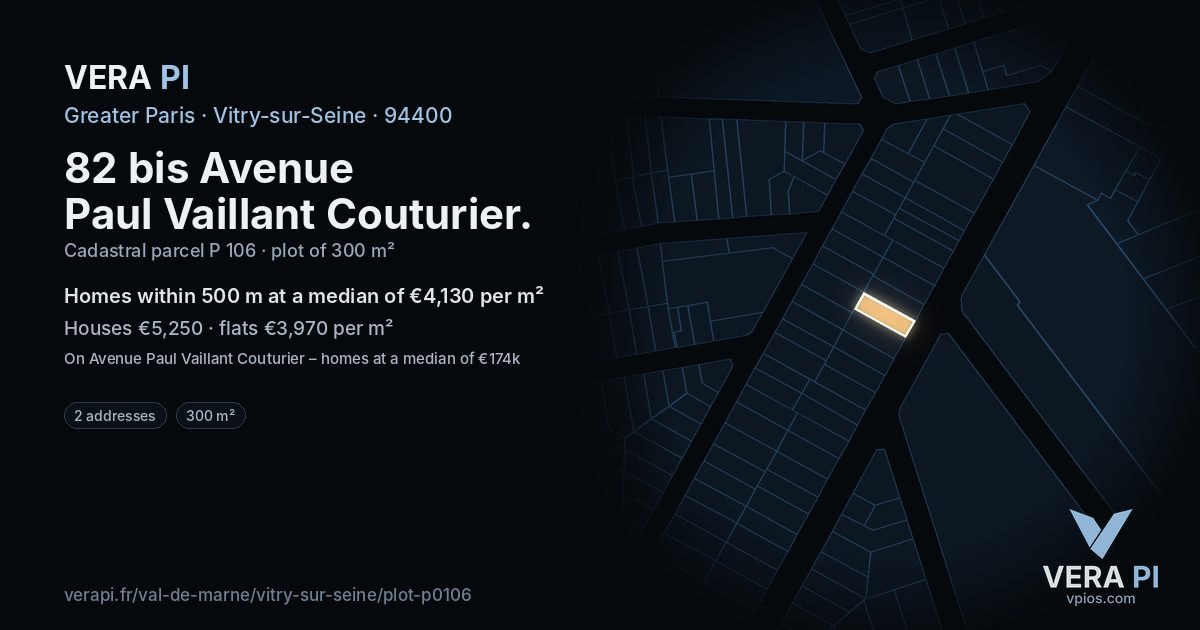82 bis Avenue Paul Vaillant Couturier, Vitry-sur-Seine at night – the plot lit, the parcels around coloured by the prices near them