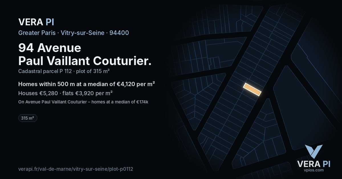 94 Avenue Paul Vaillant Couturier, Vitry-sur-Seine at night – the plot lit, the parcels around coloured by the prices near them