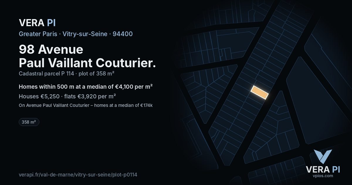 98 Avenue Paul Vaillant Couturier, Vitry-sur-Seine at night – the plot lit, the parcels around coloured by the prices near them
