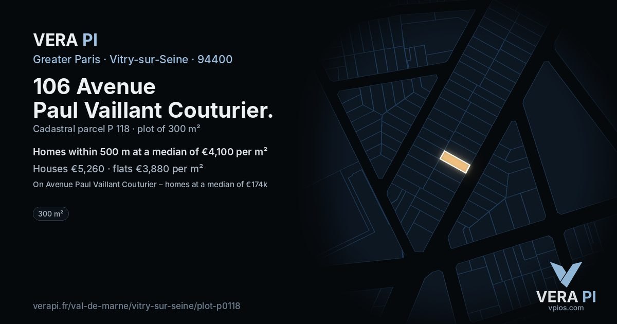 106 Avenue Paul Vaillant Couturier, Vitry-sur-Seine at night – the plot lit, the parcels around coloured by the prices near them