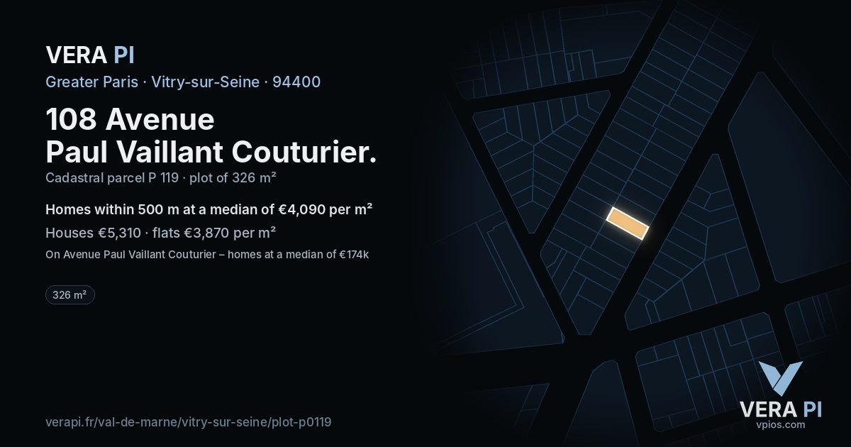 108 Avenue Paul Vaillant Couturier, Vitry-sur-Seine at night – the plot lit, the parcels around coloured by the prices near them