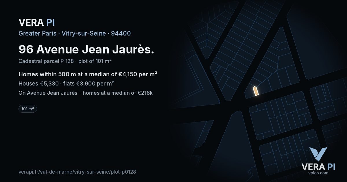 96 Avenue Jean Jaurès, Vitry-sur-Seine at night – the plot lit, the parcels around coloured by the prices near them