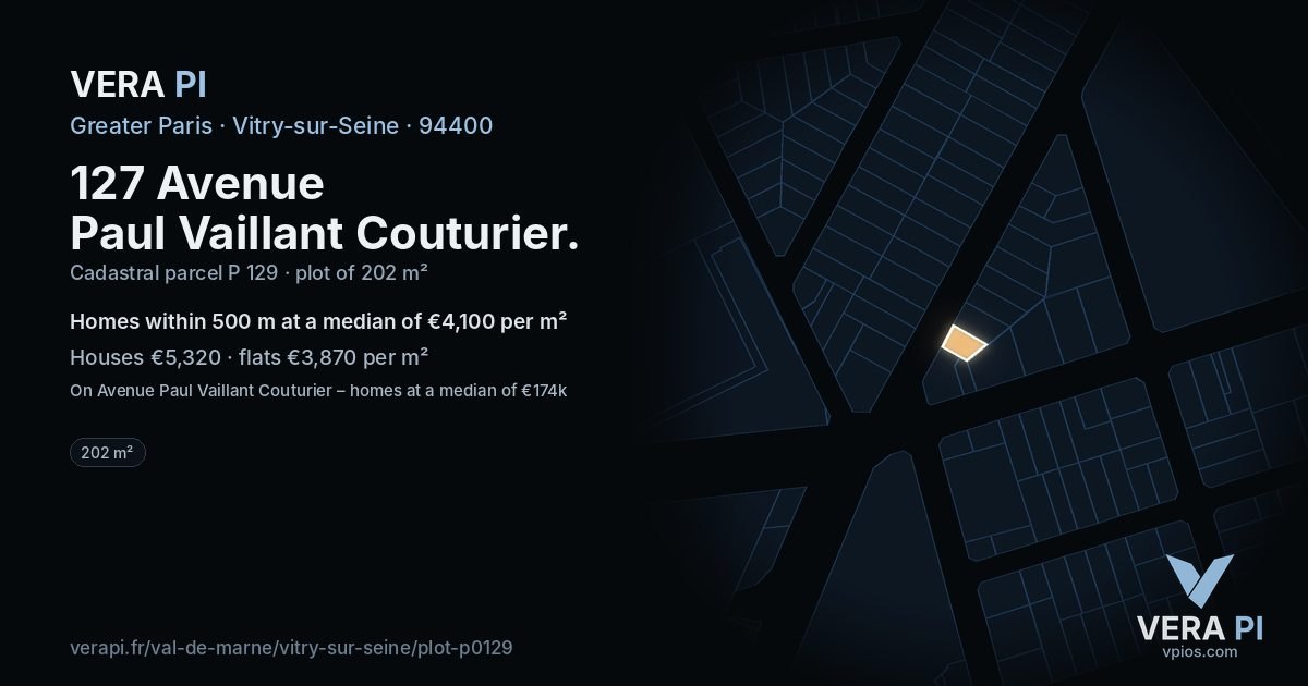127 Avenue Paul Vaillant Couturier, Vitry-sur-Seine at night – the plot lit, the parcels around coloured by the prices near them