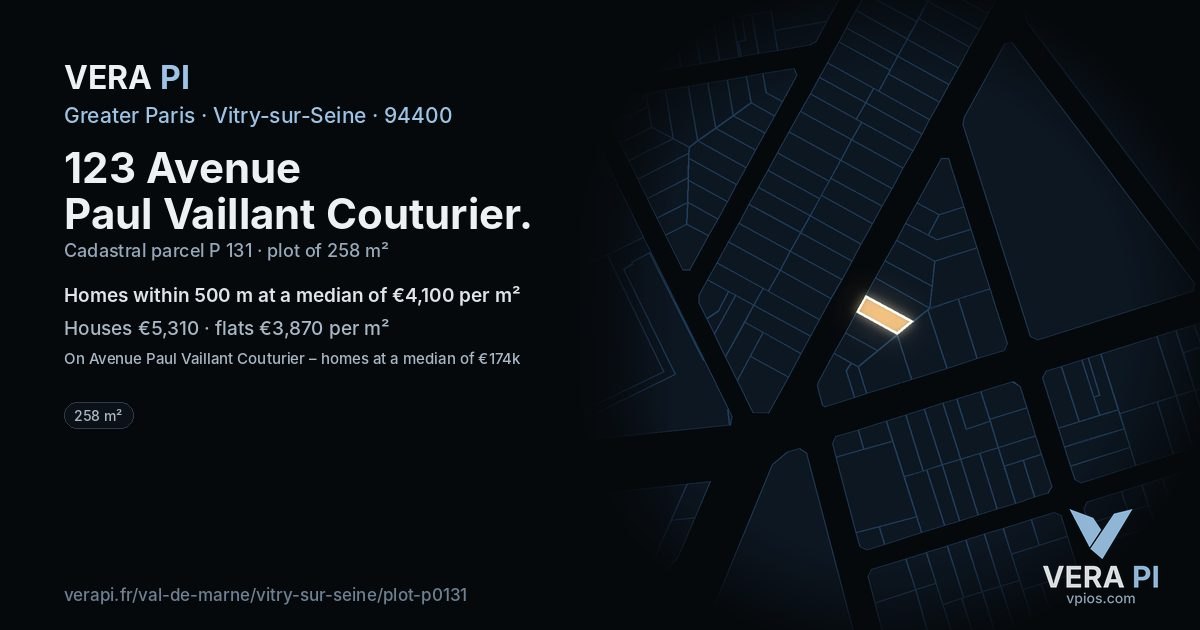 123 Avenue Paul Vaillant Couturier, Vitry-sur-Seine at night – the plot lit, the parcels around coloured by the prices near them