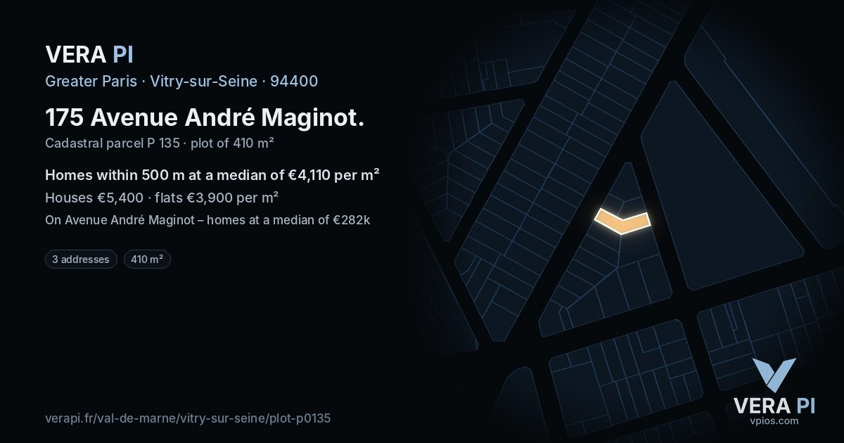 175 Avenue André Maginot, Vitry-sur-Seine at night – the plot lit, the parcels around coloured by the prices near them