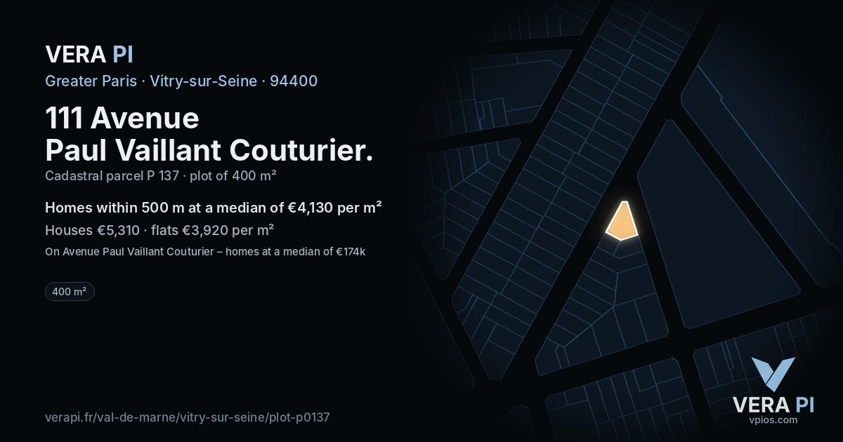 111 Avenue Paul Vaillant Couturier, Vitry-sur-Seine at night – the plot lit, the parcels around coloured by the prices near them