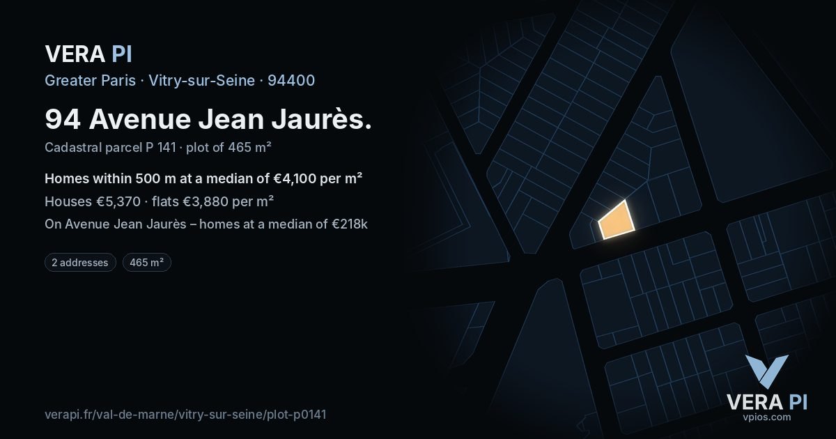 94 Avenue Jean Jaurès, Vitry-sur-Seine at night – the plot lit, the parcels around coloured by the prices near them