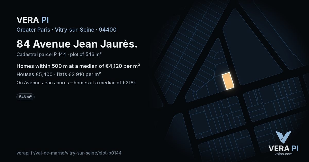 84 Avenue Jean Jaurès, Vitry-sur-Seine at night – the plot lit, the parcels around coloured by the prices near them